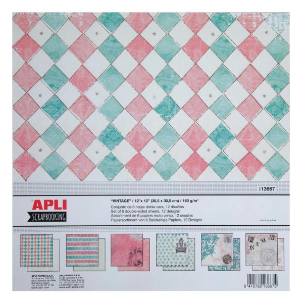 Set de papiers scrapbooking Vintage - APLI - 30,5 x 30,5 cm - 6 feuilles - Photo n°1
