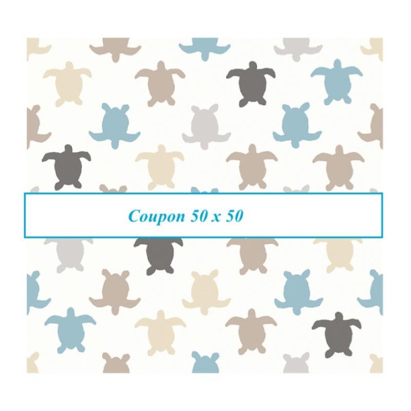 Coupon tissu Tortues bleu et taupe fond crème - 50 x 50 cm - Photo n°1