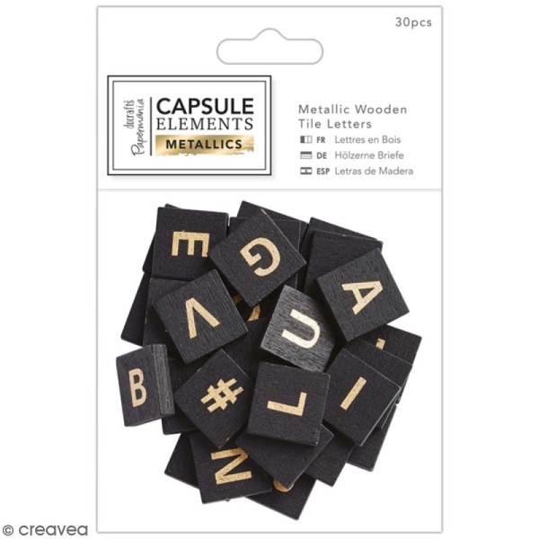 Lettres carrées en bois - Noir et doré - Collection capsule Elements Metallic - 2 x 2 cm - 30 pcs - Photo n°1