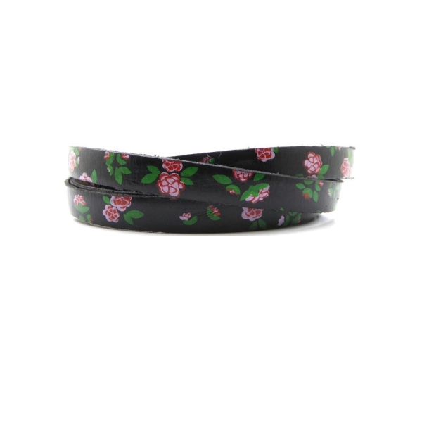 Lanière cuir plat 10mm noir fleurs roses - 20cm - Photo n°1