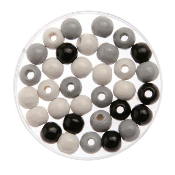 Assortiment de perles rondes en bois blanc, noir et gris - 10 mm - 47 pcs - Photo n°1