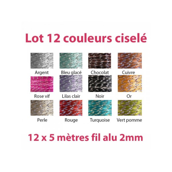 Lot 12 couleurs x 5 mètres de fil aluminium ciselé 2mm - Photo n°1