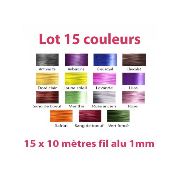Lot 15 couleurs x 10 mètres de fil aluminium 1mm - Photo n°1