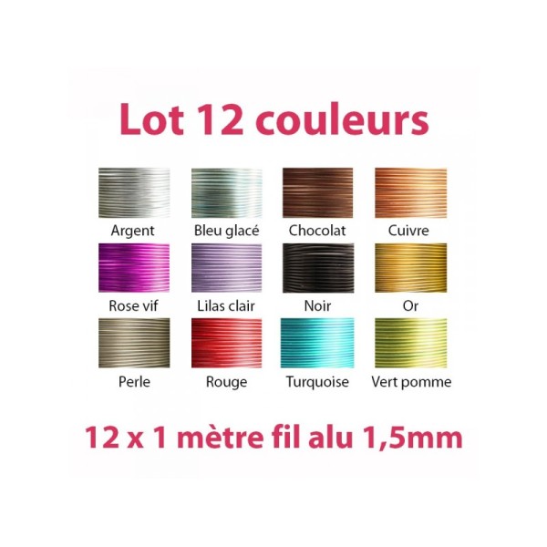 Lot 12 couleurs x 1 mètre de fil aluminium 1,5mm - Photo n°1