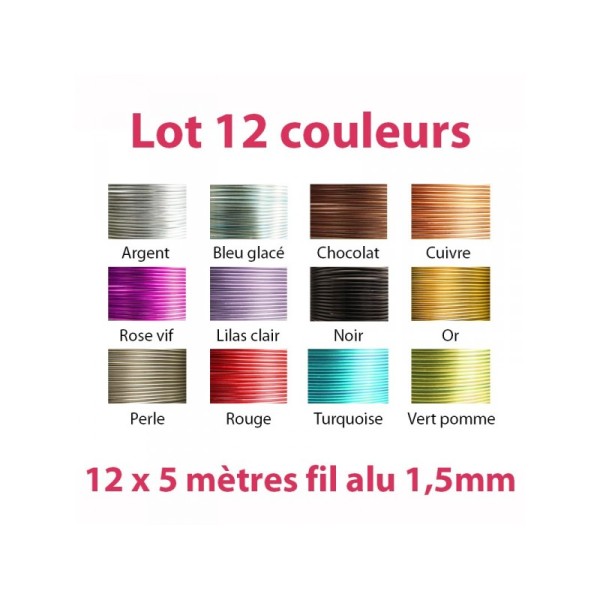 Lot 12 couleurs x 5 mètres de fil aluminium 1,5mm - Photo n°1