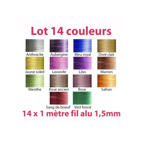 Lot 15 couleurs x 1 mètre de fil aluminium 1,5mm - Photo n°1