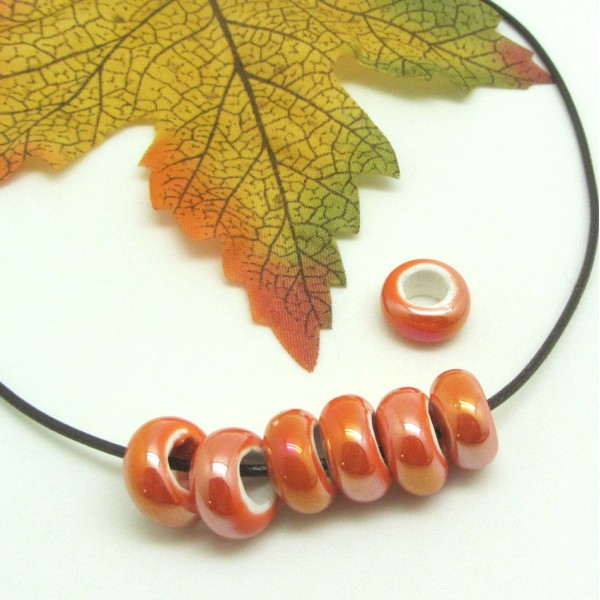 2 Perles Céramique, Rondelles Céramique, Perles Irisées, Céramique Orange, 13*6 mm - Photo n°1