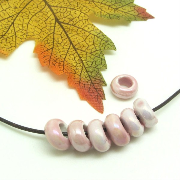 2 Perles Céramique, Rondelles Céramique, Perles Irisées, Céramique Rose Clair, 13*6 mm - Photo n°1