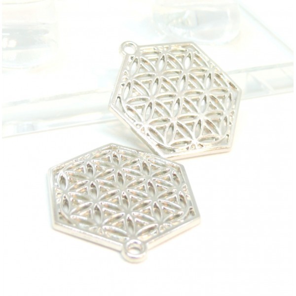 S110081092 PAX 10 pendentifs Hexagon Fleur de Vie 29mm métal couleur Argent Vif - Photo n°1