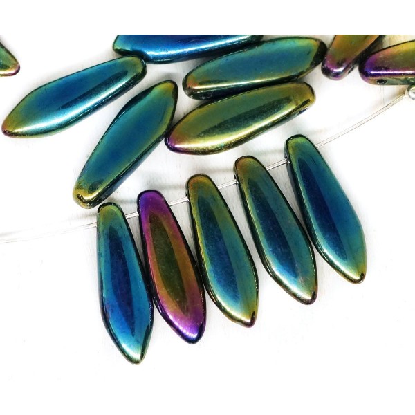 20pcs Vert Métallisé Bleu Iris Plat de Feuilles de Poignard Perles de Verre tchèque 5mm x 16mm - Photo n°1