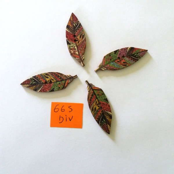 4 Boutons bois feuilles – multicolore – 42x15mm – 665div - Photo n°1