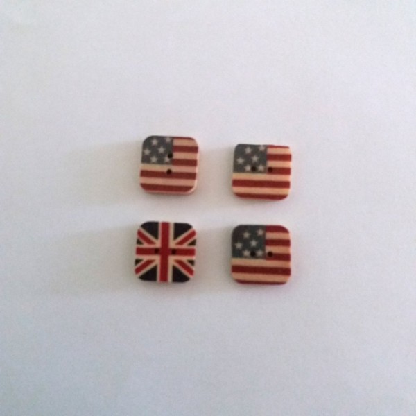 4 Boutons bois – drapeau américain et anglais – 15mm - Photo n°1
