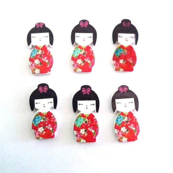 6 Boutons bois – poupée geisha rouge – 15x30mm - Photo n°1