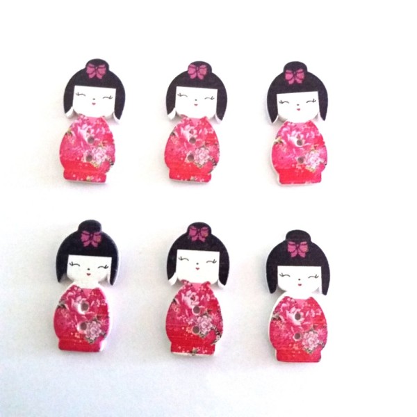 6 Boutons bois – poupée geisha fushia – 15x30mm - Photo n°1