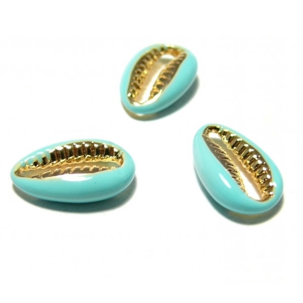 2 perles interclalaires émaillés Cauri résine emaille Turquoise sur metal doré14 par 4,5mm - Photo n°1
