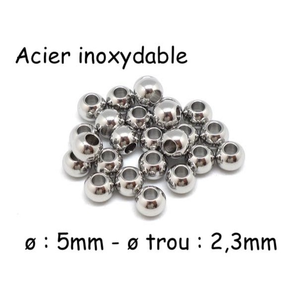 20 Perles Ronde 5mm En Acier Inoxydable Argenté Pour Cordon De 2mm - Photo n°1