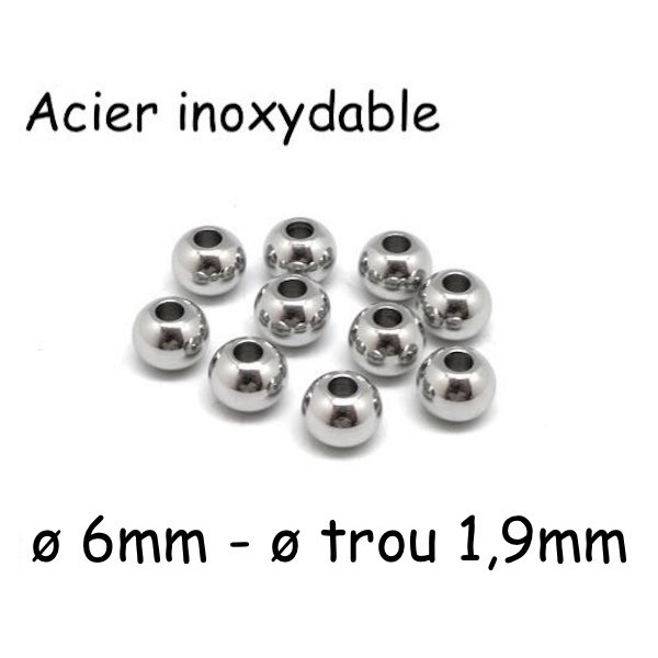 10 Perles Ronde 6mm En Acier Inoxydable Argenté Pour Cordon De 1,5mm - Photo n°1