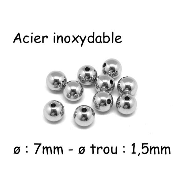 10 Perles Ronde 7mm En Acier Inoxydable Argenté Pour Cordon De 1mm - Photo n°1