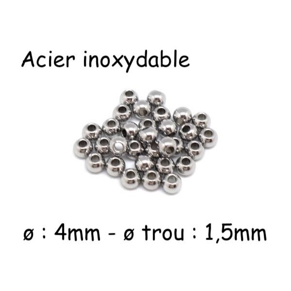 R-30 Perles Ronde 4mm En Acier Inoxydable Argenté Pour Cordon De 1,5mm - Photo n°1