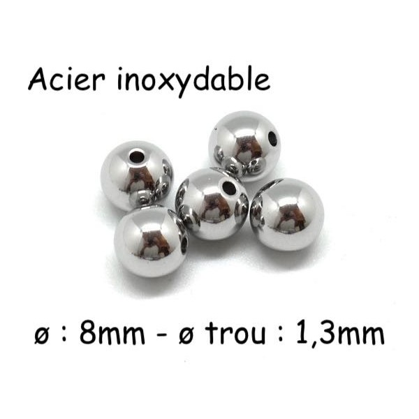5 Perles En Acier Inoxydable 8mm Ronde Argenté - Photo n°1