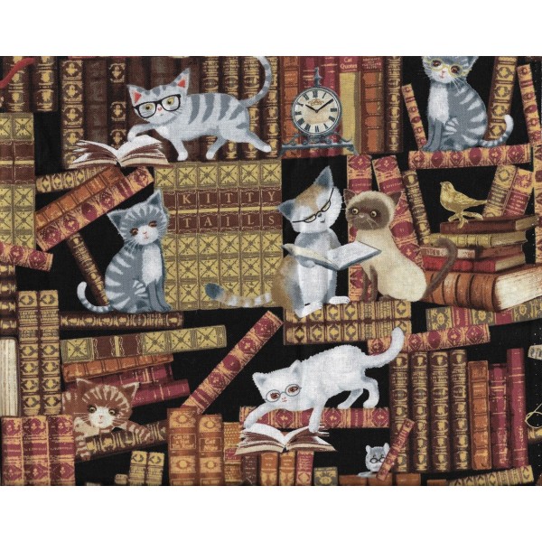 Pièce de tissu Coupon Tissu à la Coupe Chats dans la Bibliothèque livres 54x45 cm - Photo n°1