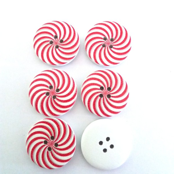 6 Boutons en bois spirale rouge et blanche - 30mm - Photo n°1