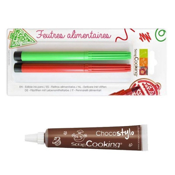 2 feutres alimentaires rouge & vert + Stylo chocolat - Photo n°1