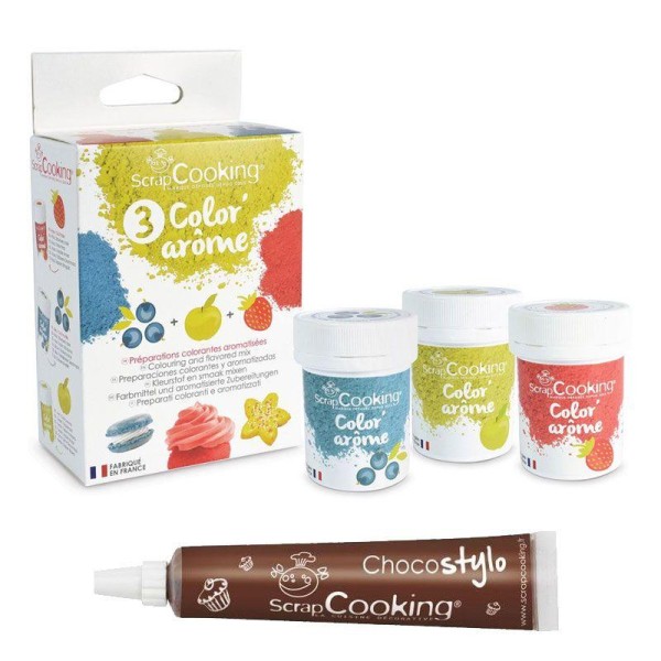 3 Colorants-arômes alimentaires fraise-pomme-myrtille + 1 Stylo chocolat - Photo n°1
