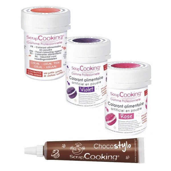 Kit de colorants alimentaires Rose-violet-corail + 1 Stylo chocolat - Photo n°1