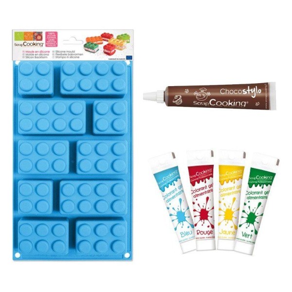 Coffret moule en silicone briques + 4 colorants alimentaires + 1 Stylo chocolat - Photo n°1