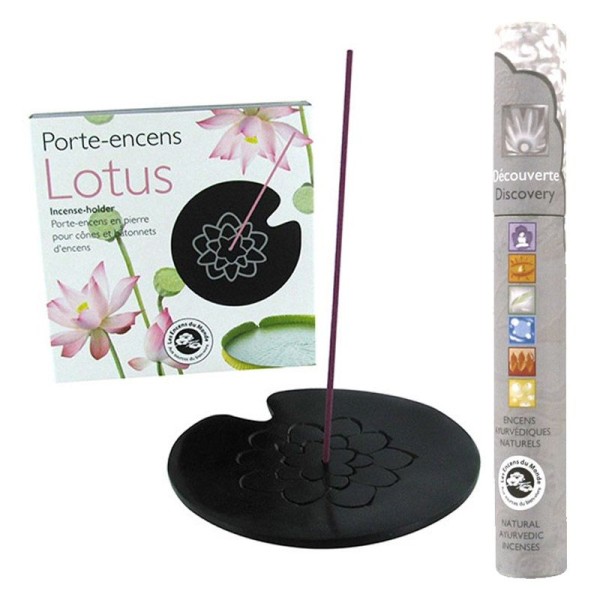 Porte-encens en pierre noire Lotus + 14 bâtonnets d'encens ayurvédique - Photo n°1