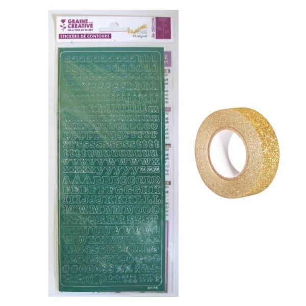 Stickers Alphabet vert 10,5 x 23,2 cm + masking tape doré à paillettes 5 m - Photo n°1