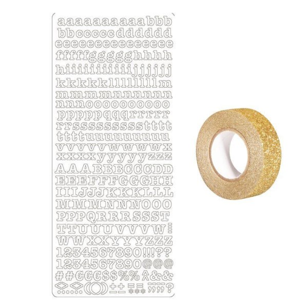 Peel off's alphabet minuscule et majuscule noir + masking tape doré à paillettes 5 m - Photo n°1