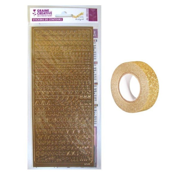Stickers Alphabet cuivré 10,5 x 23,2 cm + masking tape doré à paillettes 5 m - Photo n°1