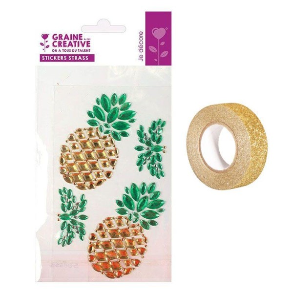4 stickers strass 15 x 9,5 cm Ananas + masking tape doré à paillettes 5 m - Photo n°1