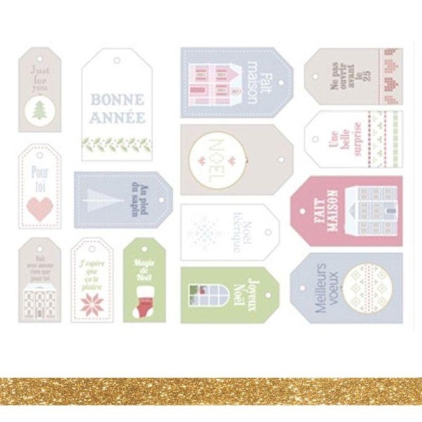 15 étiquettes de Noël Home Sweet Home + masking tape doré à paillettes 5 m - Photo n°1