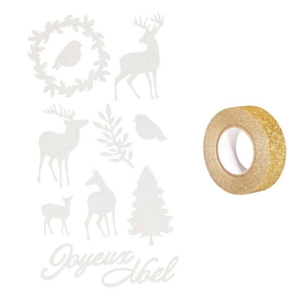 Stickers floqués Cerfs de Noël + masking tape doré à paillettes 5 m - Photo n°1