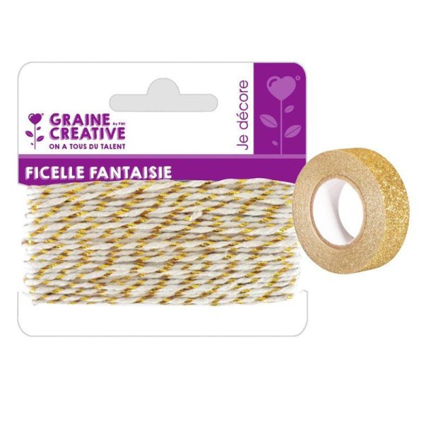 Ficelle blanche-dorée 10 m + masking tape doré à paillettes 5 m - Photo n°1