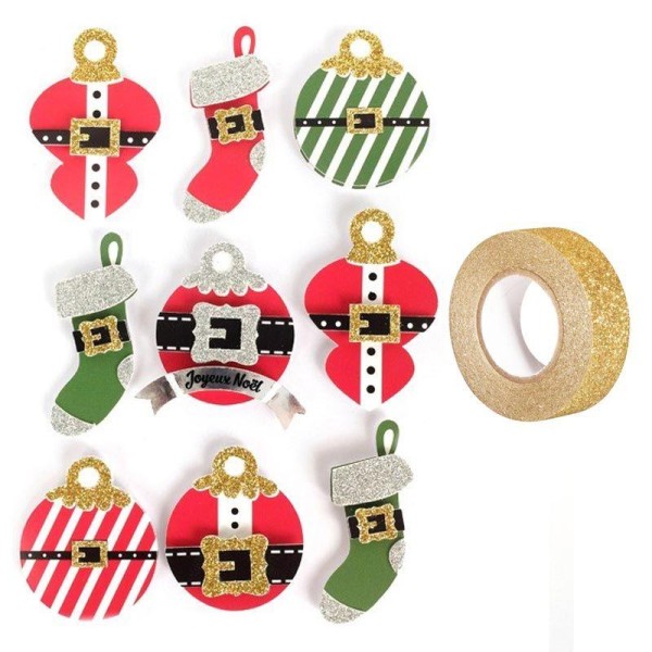 9 stickers 3D boules de Noël 5 cm + masking tape doré à paillettes 5 m - Photo n°1