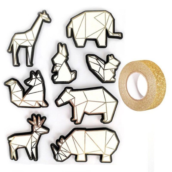 8 stickers 3D animaux du zoo 6 cm + masking tape doré à paillettes 5 m - Photo n°1
