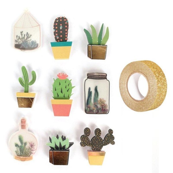 9 stickers 3D cactus et botanique 4 cm + masking tape doré à paillettes 5 m - Photo n°1
