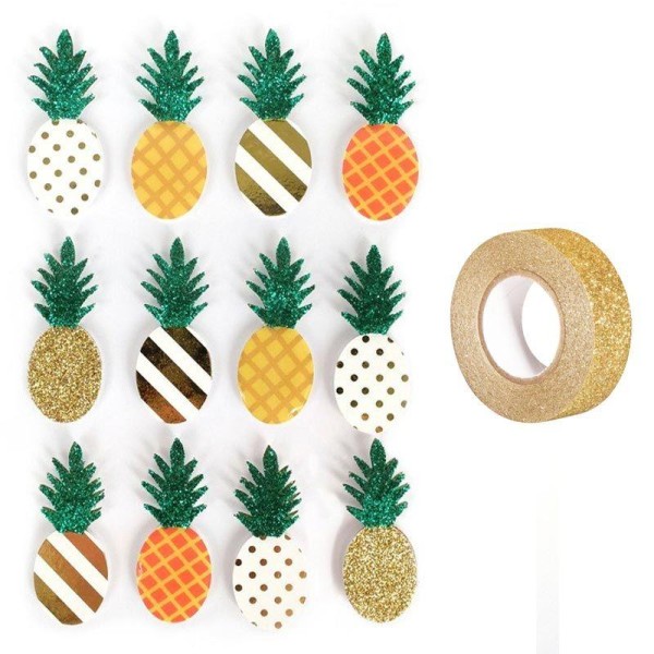12 stickers 3D Ananas 4,5 cm + masking tape doré à paillettes 5 m - Photo n°1