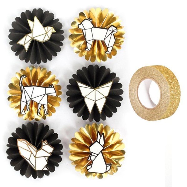 6 stickers 3D animaux géométriques & origami + masking tape doré à paillettes 5 m - Photo n°1