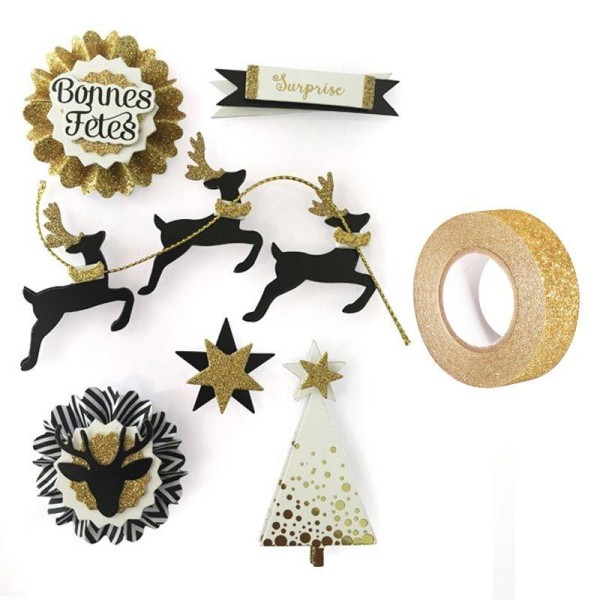 6 stickers 3D rennes de Noël 6,5 cm + masking tape doré à paillettes 5 m - Photo n°1