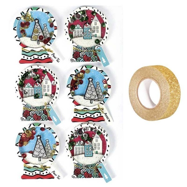 6 stickers 3D de Noël Boules de neige 5 cm + masking tape doré à paillettes 5 m - Photo n°1