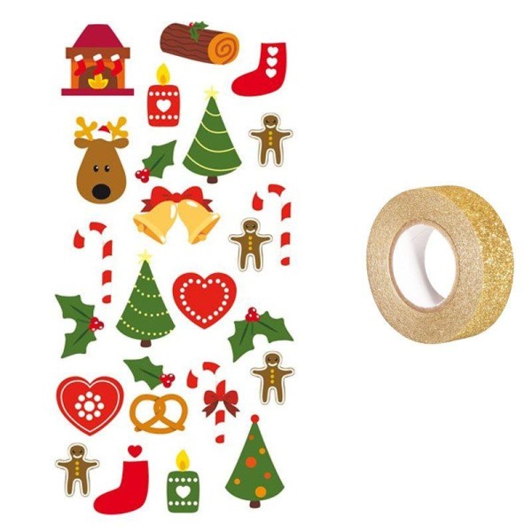 Stickers 3D Sapins de Noël + masking tape doré à paillettes 5 m - Photo n°1