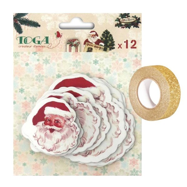 12 formes découpées Père Noël vintage - Dear Santa + masking tape doré à paillettes 5 m - Photo n°1