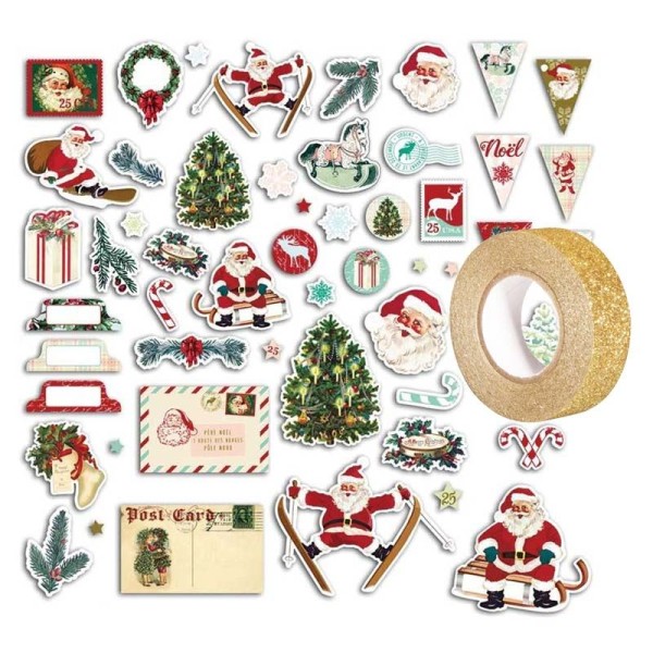 54 formes découpées Père Noël vintage - Dear Santa + masking tape doré à paillettes 5 m - Photo n°1