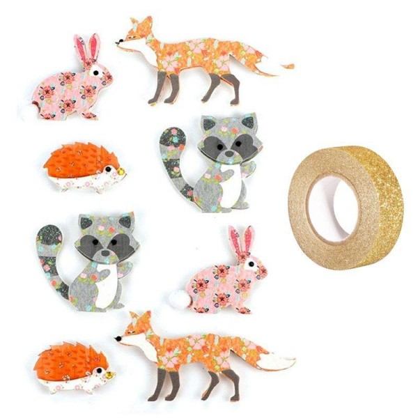 8 stickers 3D Animaux de la forêt + masking tape doré à paillettes 5 m - Photo n°1