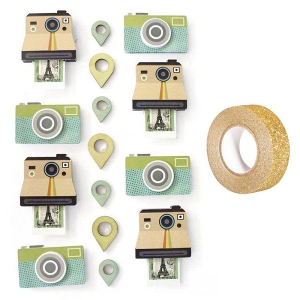 15 stickers polaroid effet 3D + masking tape doré à paillettes 5 m - Photo n°1
